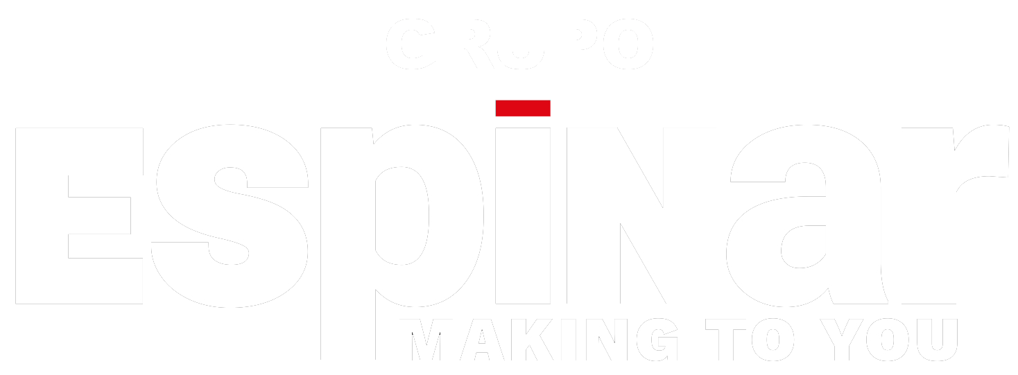 Grupo Espinar: Logotipo en blanco y negro con texto Making to You resaltado en rojo.