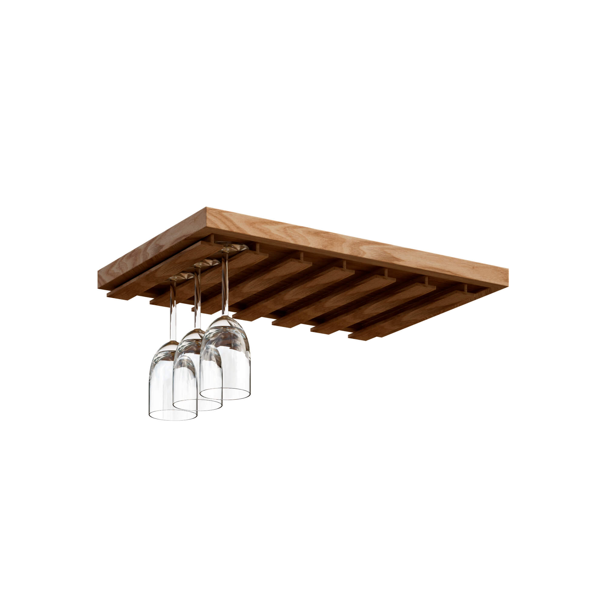 Estante de madera para copas colgantes de Grupo Espinar. Diseño elegante y funcional para el hogar.