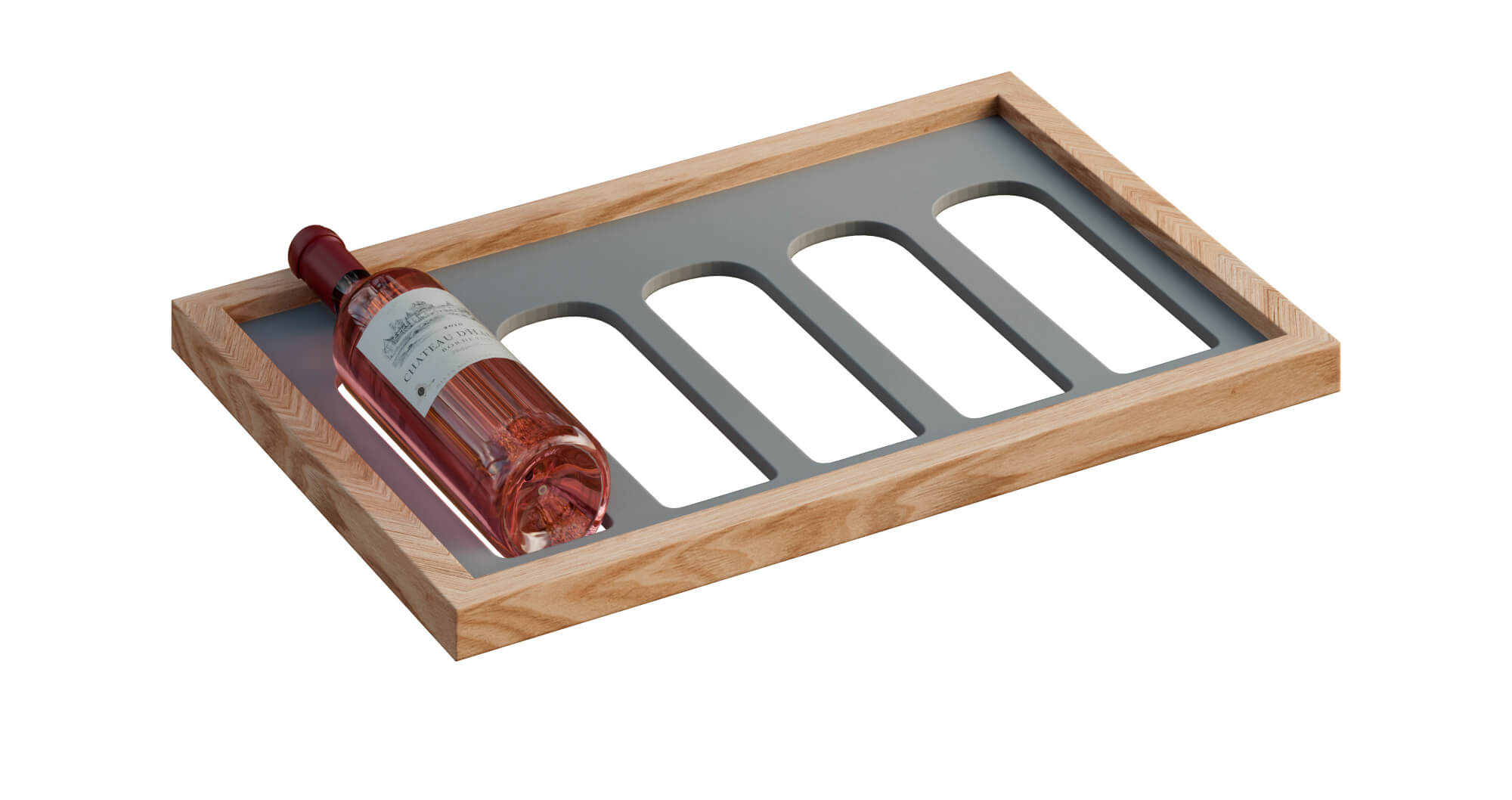 Portabotellas modular de madera y metal de Grupo Espinar con una botella de vino rosado.