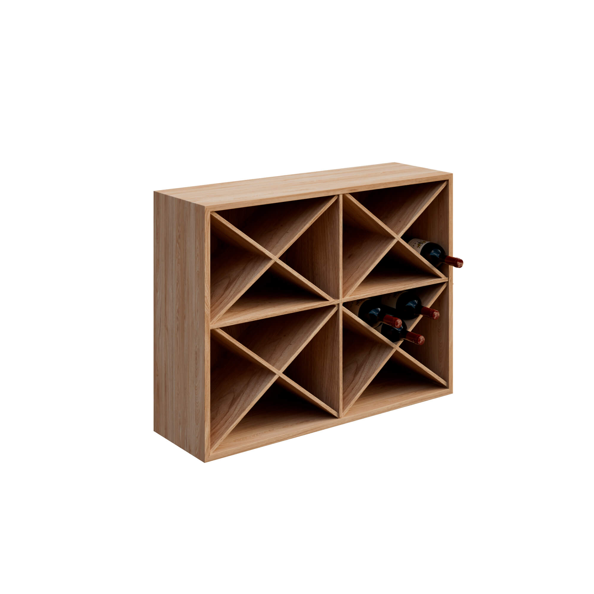 Estante de madera para vinos de Grupo Espinar con diseño geométrico y botellas almacenadas.