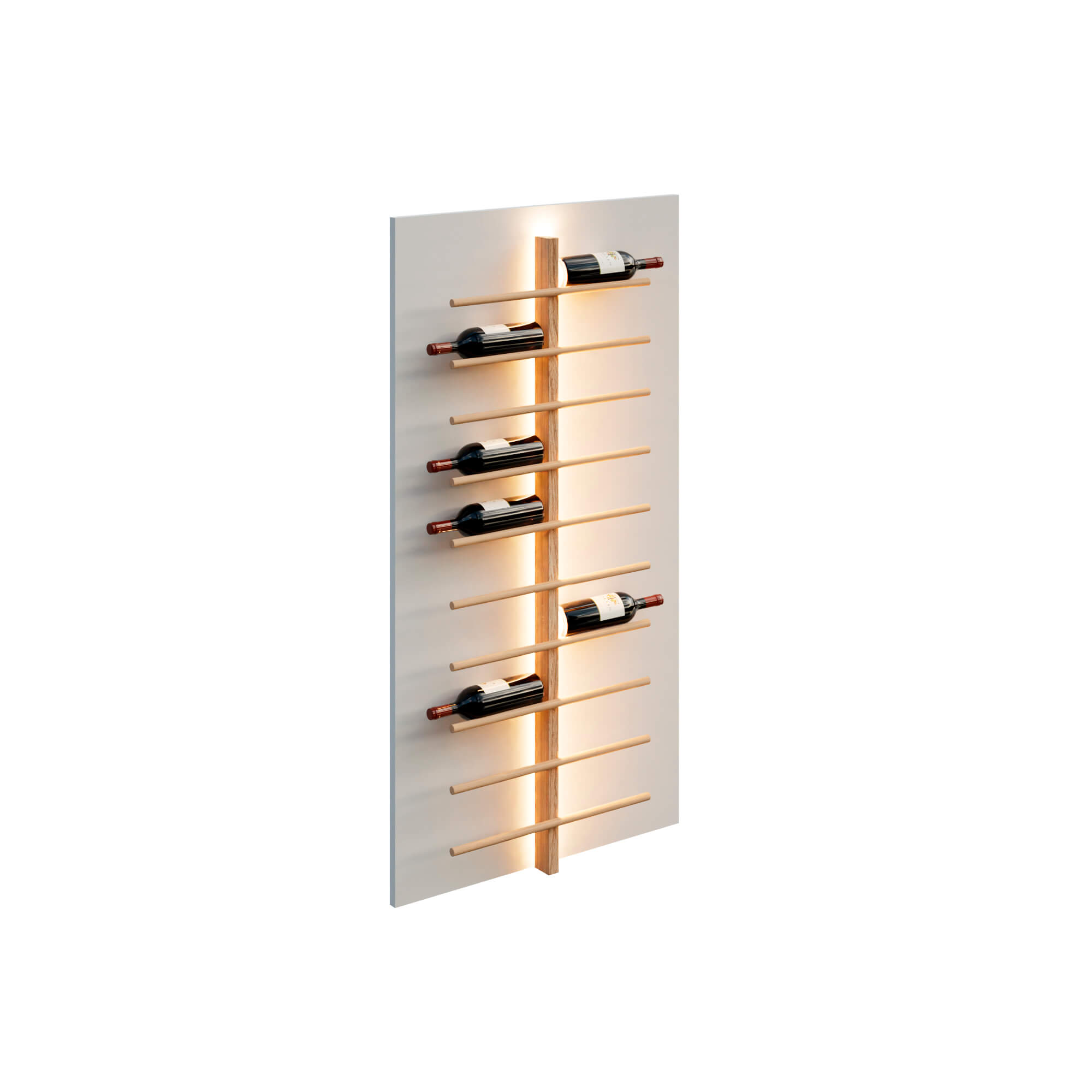 Botellero de pared moderno con iluminación LED y botellas de vino. Diseño elegante de Grupo Espinar.