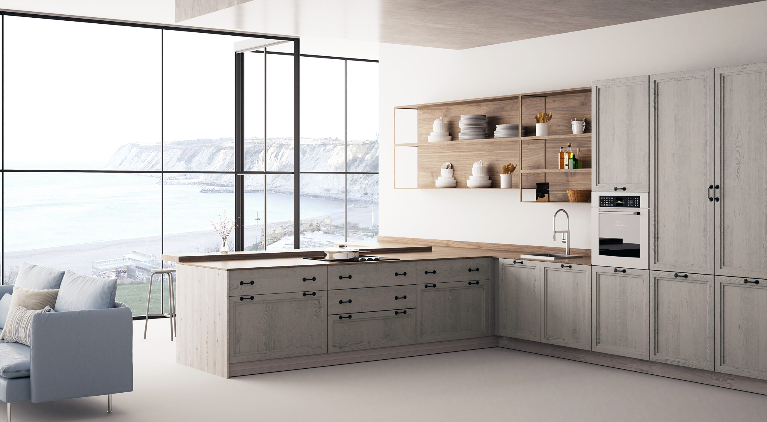 Cocina moderna con puertas y frentes de Grupo Espinar. Vista al mar, diseño elegante y funcional.