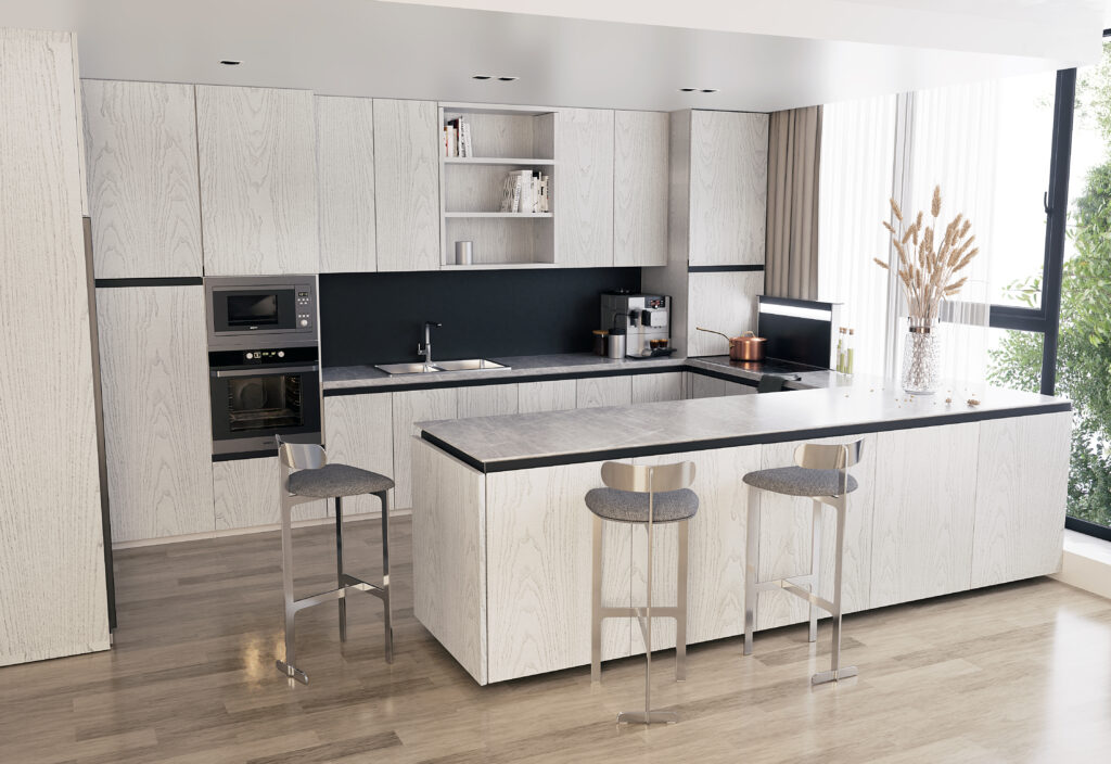 Cocina moderna con puertas y frentes de Grupo Espinar, especialista en componentes técnicos y diseño de alta calidad.